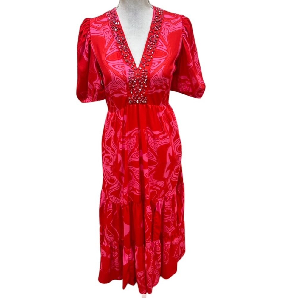 Sheridan French Red/pink marble print Embellished V-Neck Maxi tiered Dress small